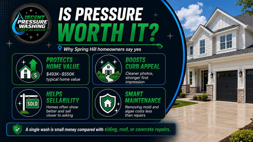 Infographic explaining why pressure washing is worth it in Spring Hill, TN, including home value protection, better curb appeal, improved sellability, and lower maintenance costs.