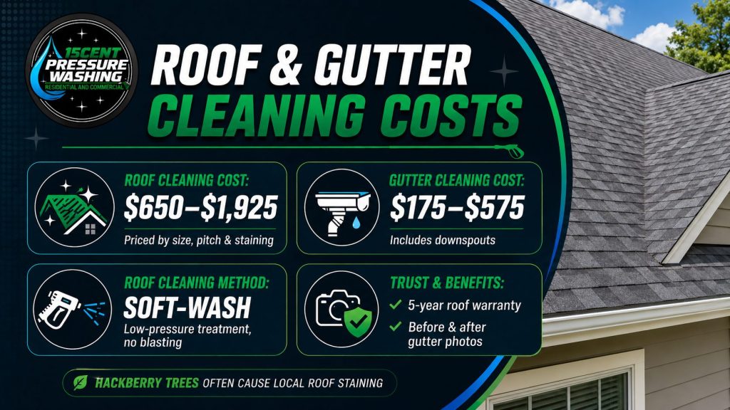 Infographic showing roof cleaning costs of $650 to $1,925 and gutter cleaning costs of $175 to $575 in Spring Hill, TN.