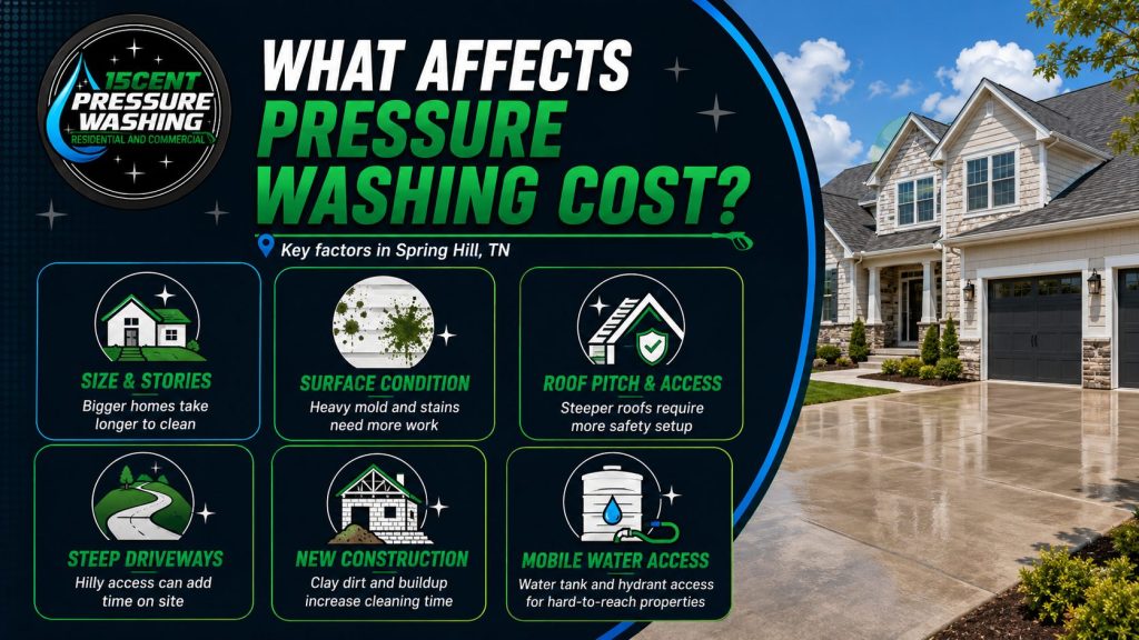 Infographic showing the main factors that affect pressure washing costs in Spring Hill, TN, including home size, surface condition, roof access, steep driveways, new construction, and water access.